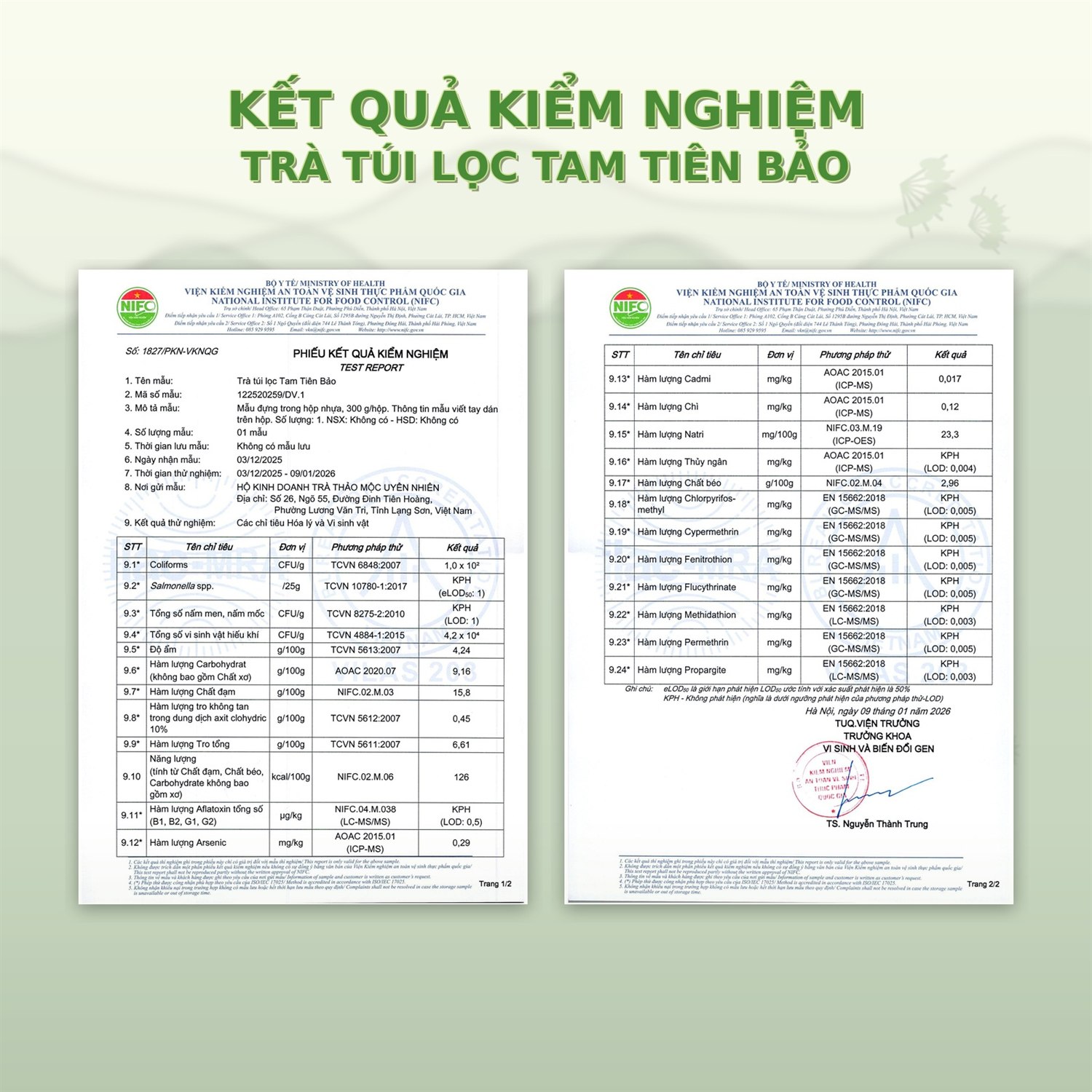 Phiếu kiểm nghiệm chất lượng trà Tam Tiên Bảo